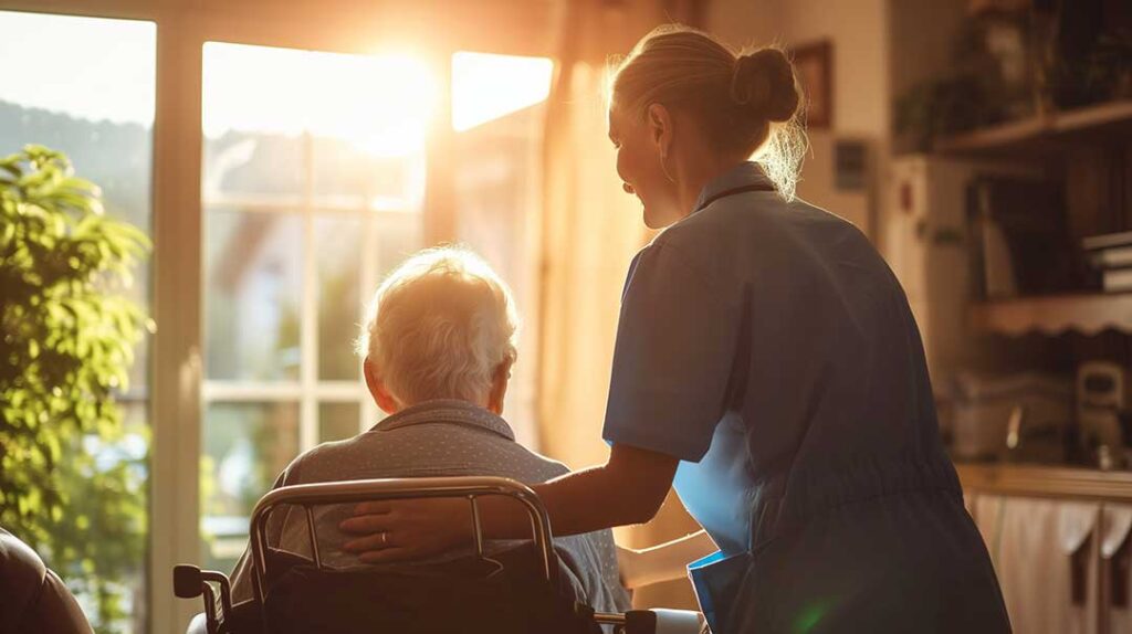 Older adult and family member share photographs during a quiet assisted living visit.