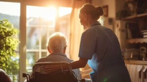 Older adult and family member share photographs during a quiet assisted living visit.